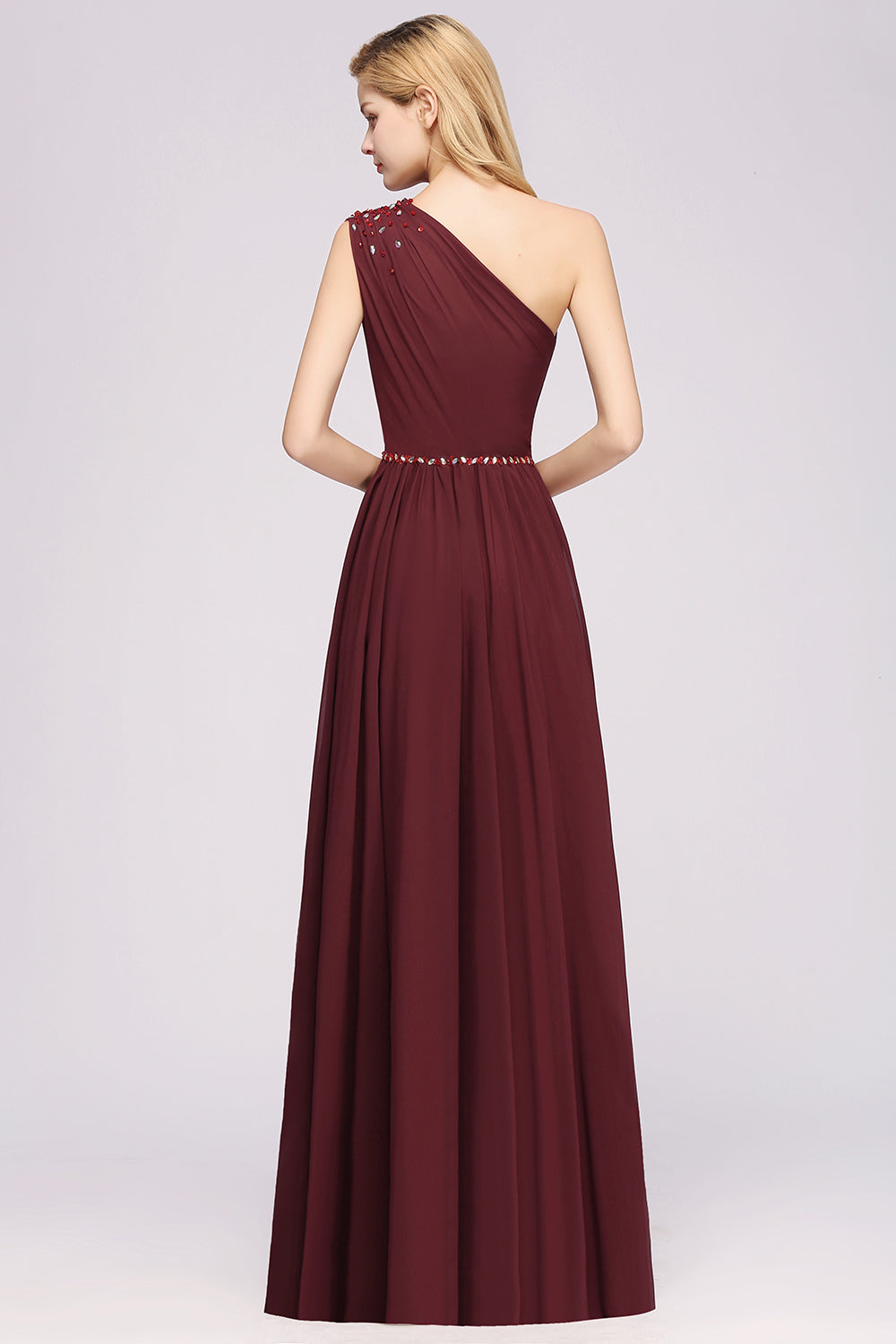 Modest One-shoulder Royal Blue Affordable Bridesmaid Dress with Beadings-27dress