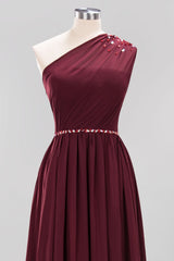 Modest One-shoulder Royal Blue Affordable Bridesmaid Dress with Beadings-27dress