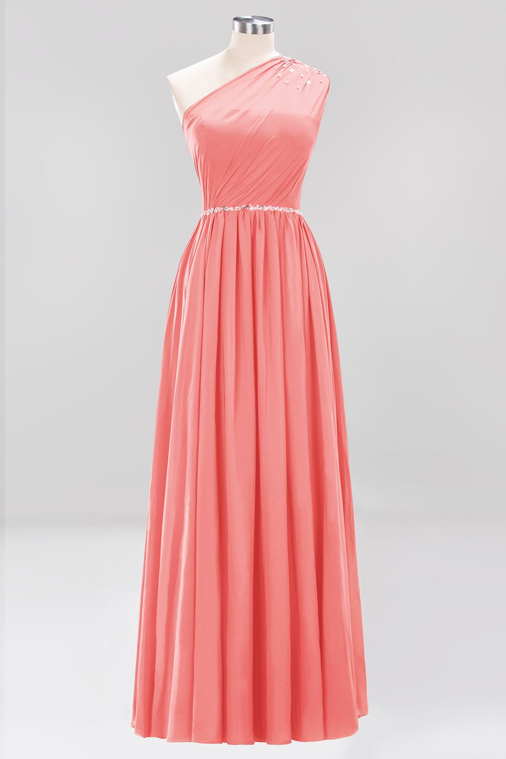 Modest One-shoulder Royal Blue Affordable Bridesmaid Dress with Beadings-27dress