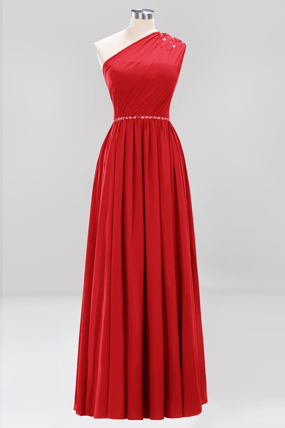 Modest One-shoulder Royal Blue Affordable Bridesmaid Dress with Beadings-27dress