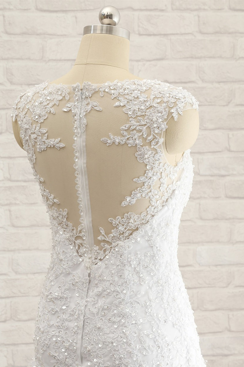 Modest Sleeveless Jewel Wedding Dresses With Appliques White Mermaid Bridal Gowns On Sale-27dress