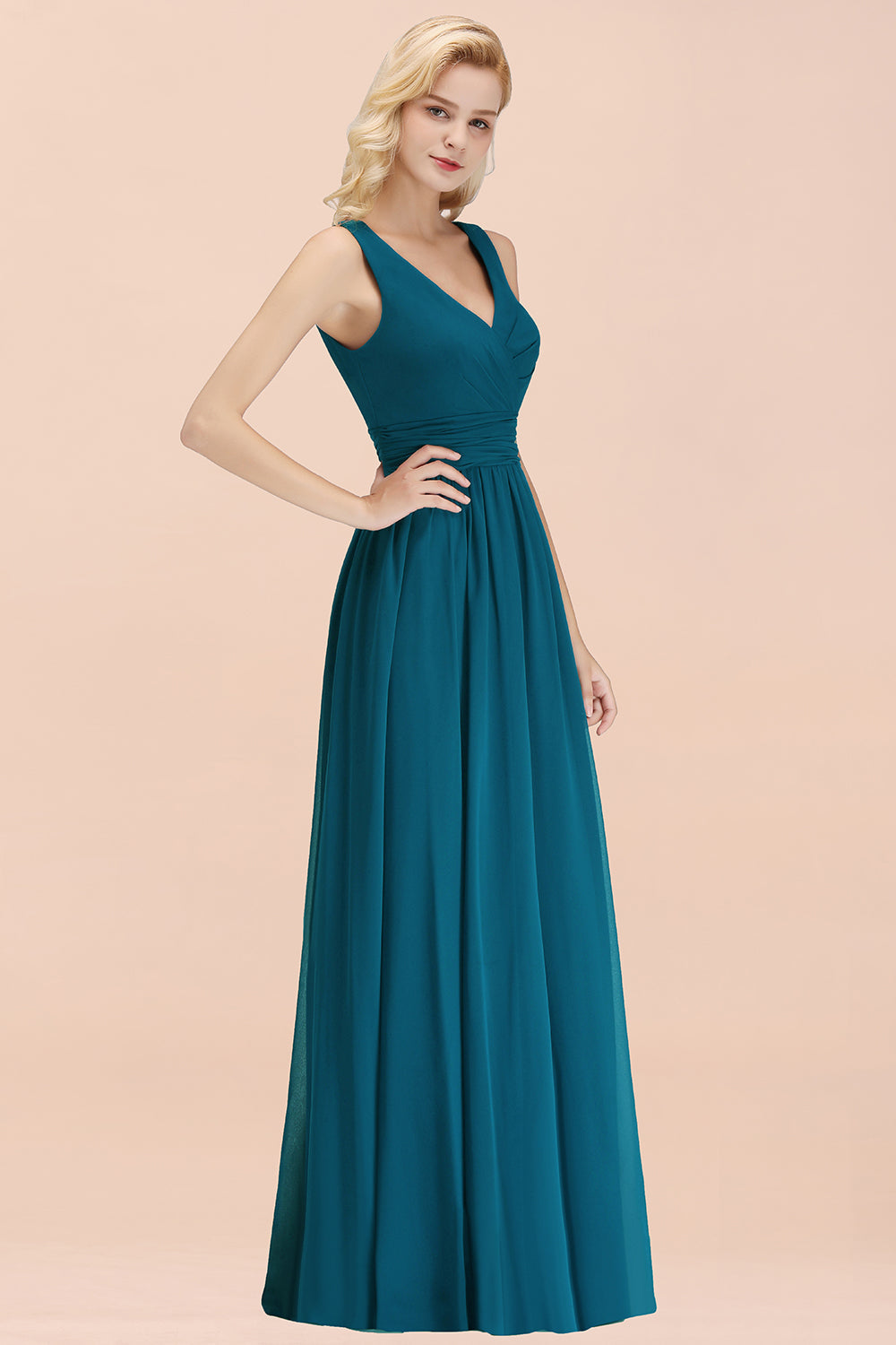Modest Sleeveless V-Neck Long Chiffon Bridesmaid Dress Online with Ruffle-27dress