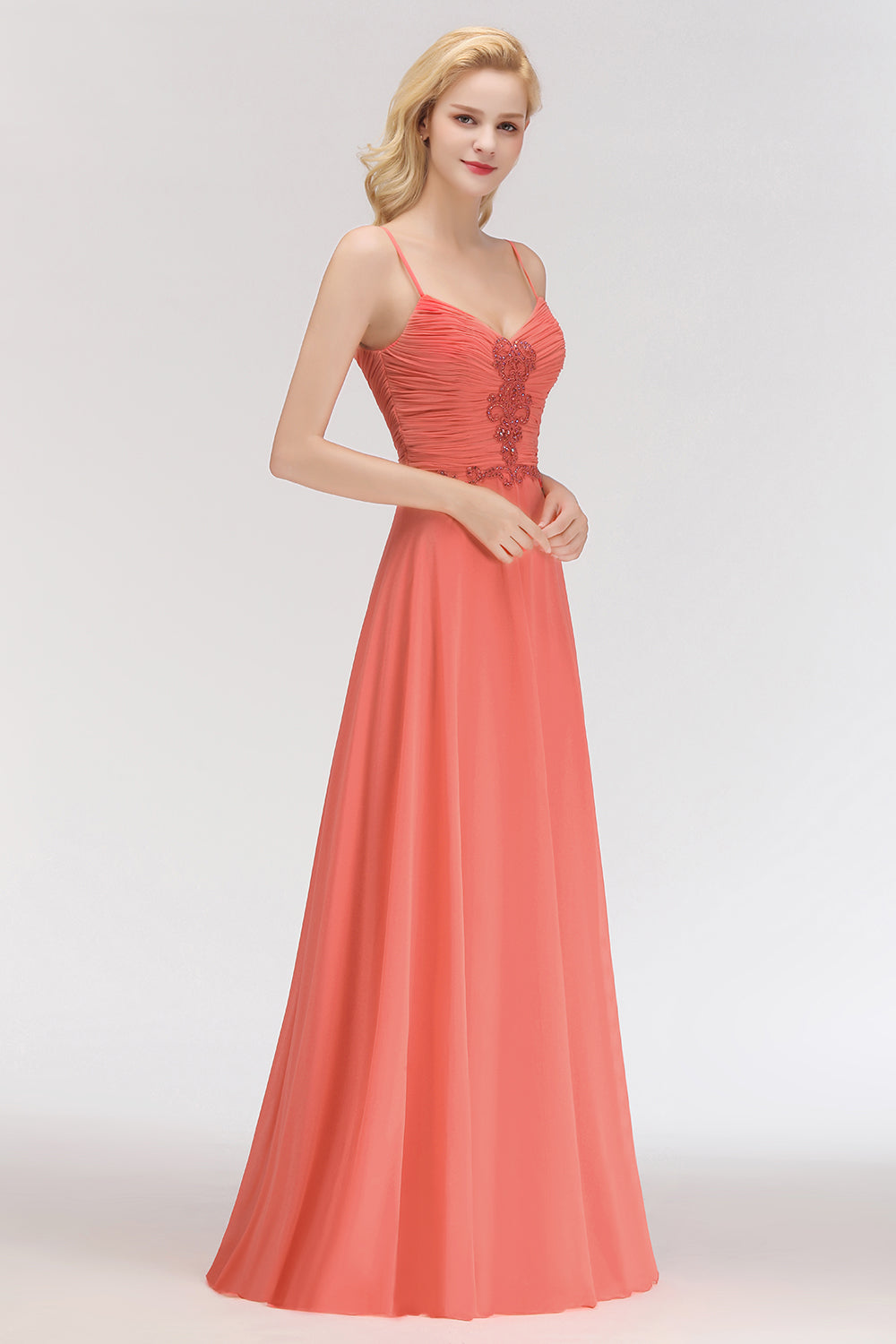 Modest Spaghetti-Straps Ruffle Affordable Bridesmaid Dress with Appliques-27dress