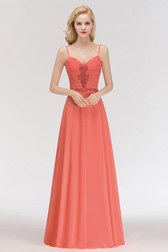 Modest Spaghetti-Straps Ruffle Affordable Bridesmaid Dress with Appliques-27dress
