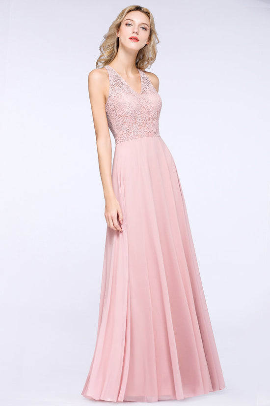 Modest V-Neck Sleeveless Pink Affordable Bridesmaid Dresses Lace-27dress