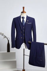 Navy Blue 3 Pieces Slim Fit Tailored Business Suit