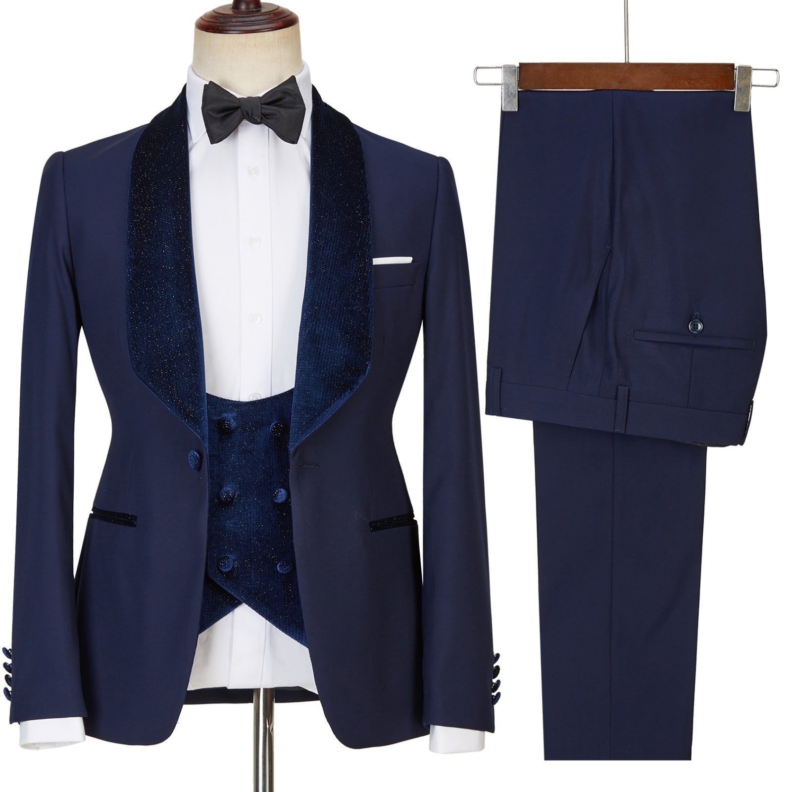 Navy Blue Best Fitted Three Pieces Sparkle Men Suits