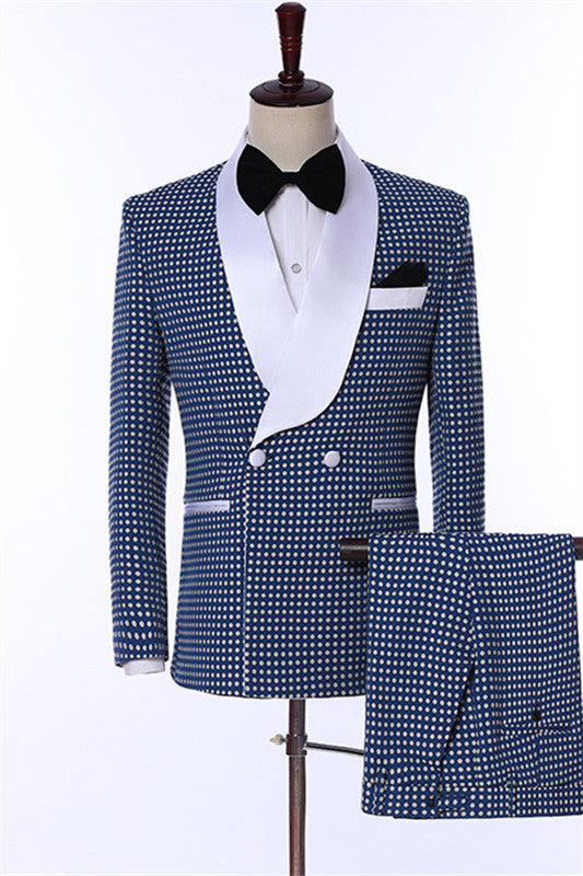 Dot Shawl Lapel Navy Blue Wedding Suits For Men