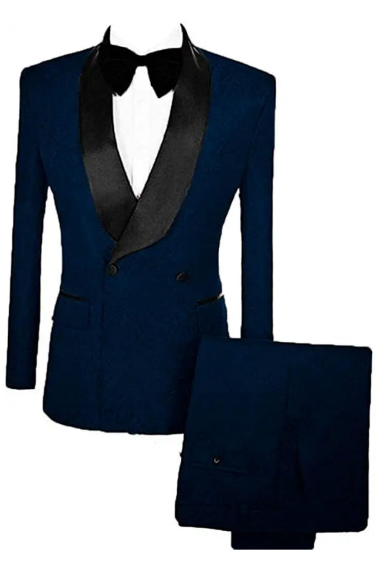 Double Breasted Jacquard Slim Fit Navy Blue Wedding Suits With Velvet Lapel