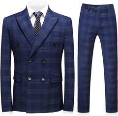 Navy Blue Double Breasted Plaid Men Suits For Business