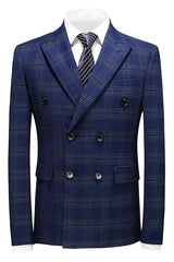 Navy Blue Double Breasted Plaid Men Suits For Business