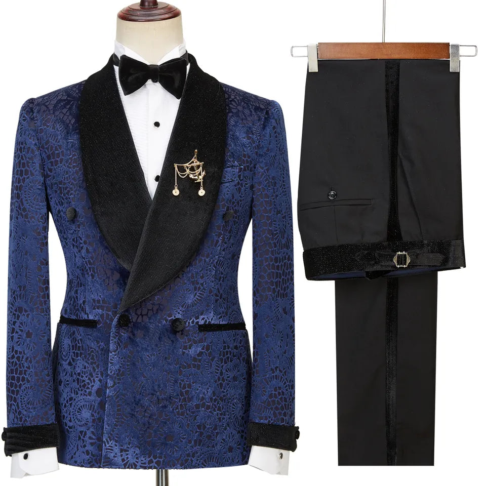 Jacquard Double Breasted Navy Blue Wedding Suits With Black Velvet Lapel