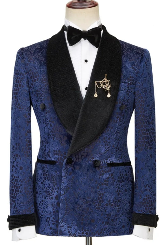 Jacquard Double Breasted Navy Blue Wedding Suits With Black Velvet Lapel