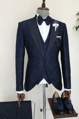 Navy Blue Jacquard Peaked Lapel Three Pieces Men Suits For Wedding