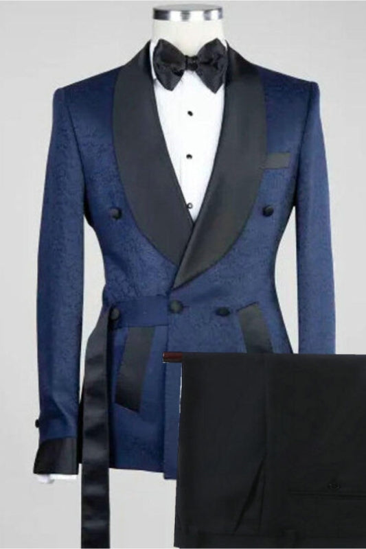 Jacquard Shawl Lapel Double Breasted Chic Navy Blue Wedding Suits