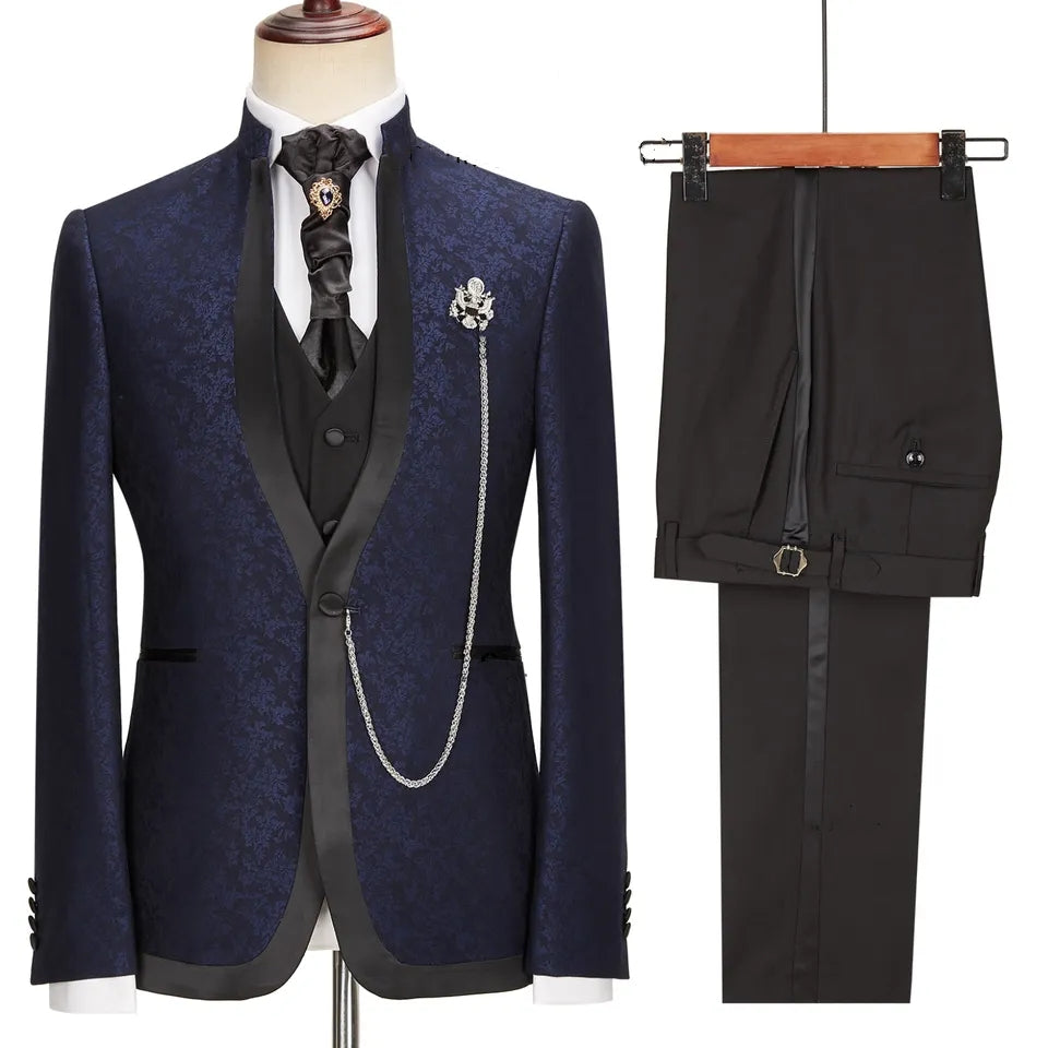 Jacquard Shawl Lapel Three Pieces New Arrival Navy Blue Wedding Suits