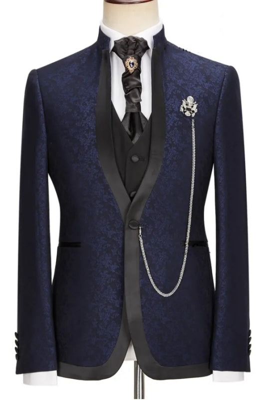 Jacquard Shawl Lapel Three Pieces New Arrival Navy Blue Wedding Suits
