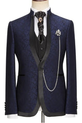 Jacquard Shawl Lapel Three Pieces New Arrival Navy Blue Wedding Suits