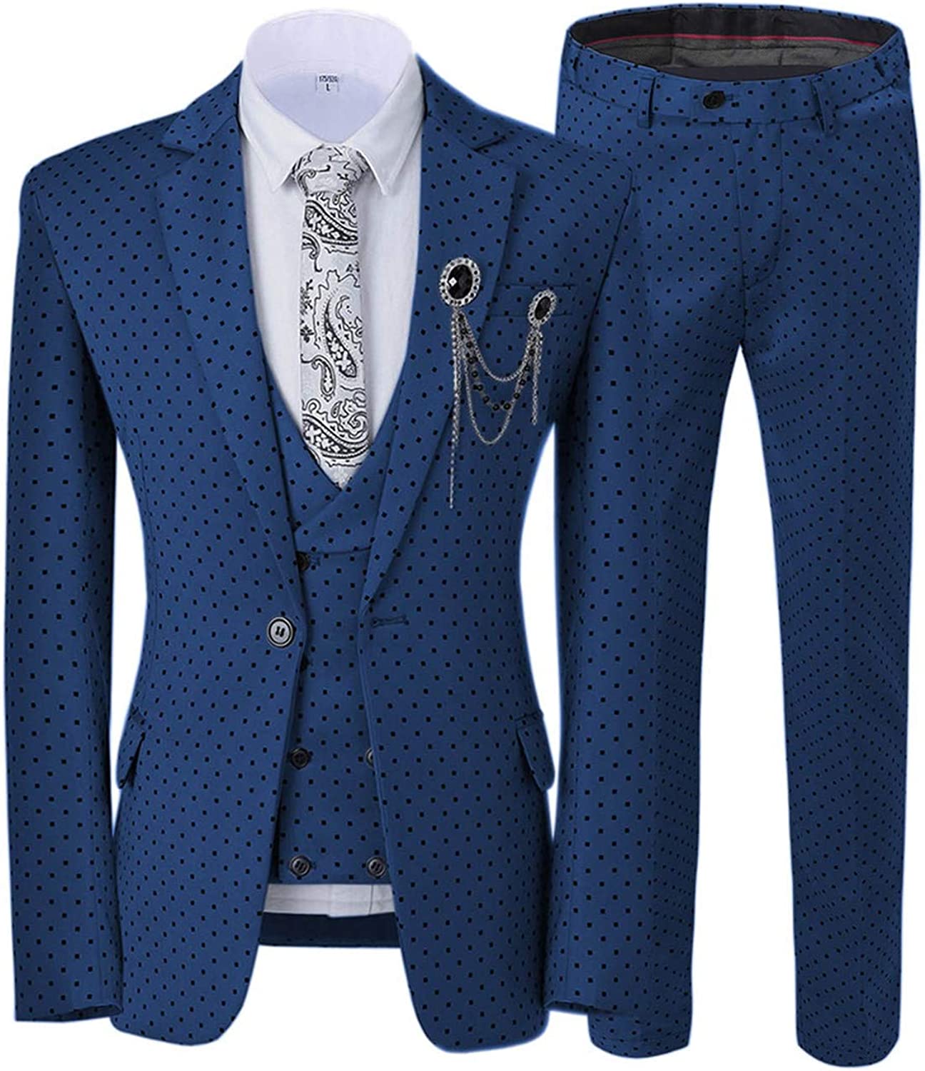 Notched Lapel Three Pieces Navy Blue Business Suits With Black Dot