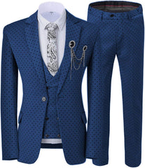 Notched Lapel Three Pieces Navy Blue Business Suits With Black Dot