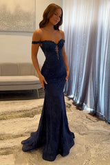 27Dress Navy Blue Off-The-Shoulder Mermaid Prom Dress