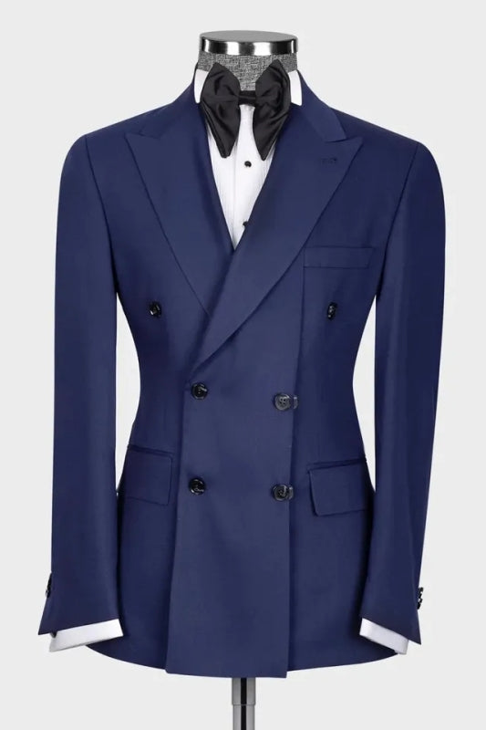 Peaked Lapel Double Breasted Close Fitting Navy Blue Prom Suits