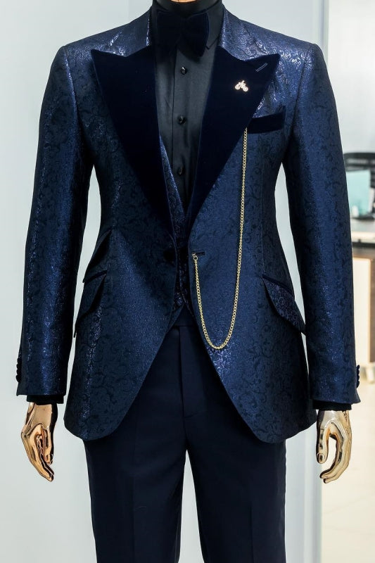 Peaked Lapel Jacquard Three Pieces New Arrival Navy Blue Prom Suits