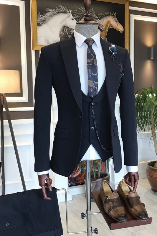 Peaked Lapel Three Pieces Bespoke Navy Blue Wedding Suits