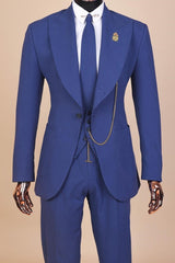 Peaked Lapel Three Pieces Chic Navy Blue Prom Suits