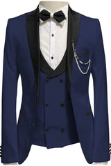 Peaked Lapel Three Pieces Classic Navy Blue Wedding Suits