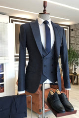 Peaked Lapel Three Pieces Formal Navy Blue Wedding Suits