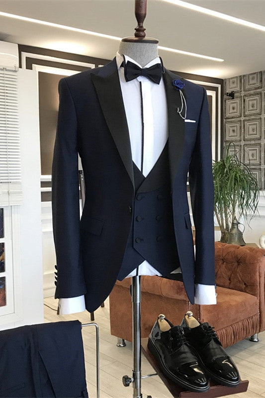 Peaked Lapel Three Pieces Slim Navy Blue Wedding Suits