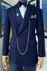 Peaked Lapel Two Pieces Close Fitting Navy Blue Prom Suits