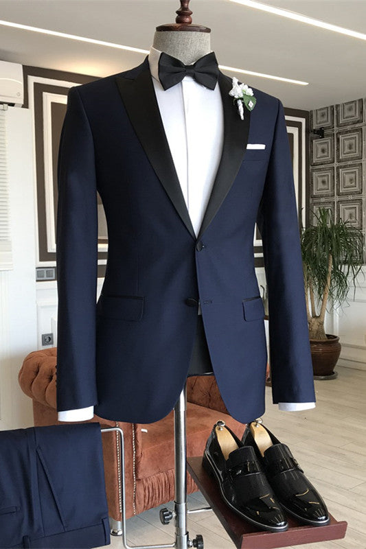 Peaked Lapel Two Pieces Formal Navy Blue Wedding Suits