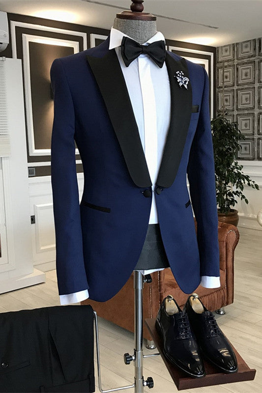 Navy Blue Peaked Lapel Two Pieces Simple Suits For Wedding