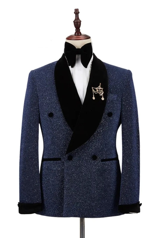 Sequins Double Breasted Close Fitting Navy Blue Wedding Suits With Black Velvet Lapel