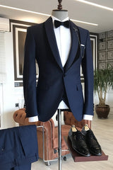 Navy Blue Shawl Lapel Three Pieces Bespoke Men Suits For Wedding