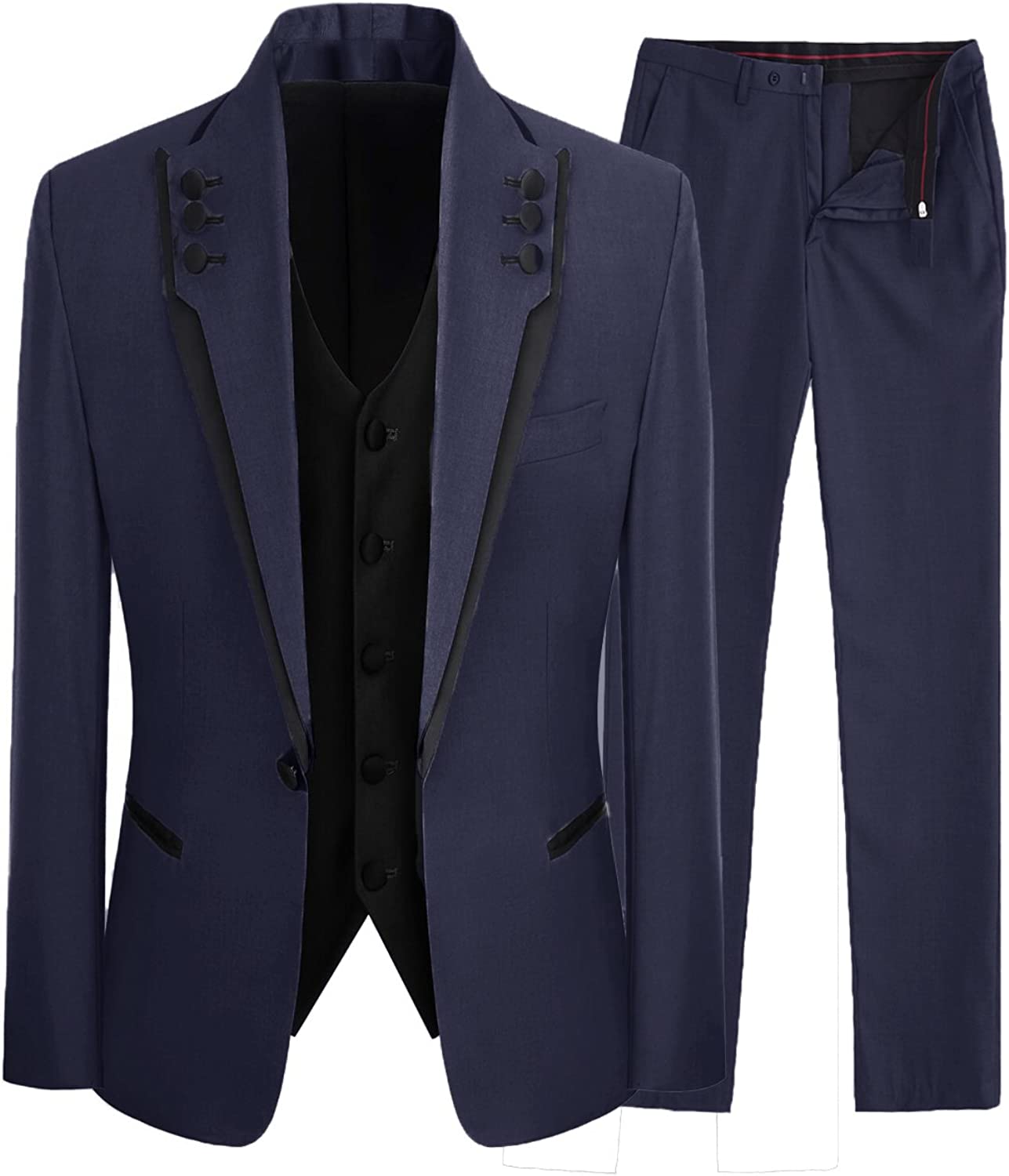 Shawl Lapel Three Pieces Close Fitting Navy Blue Prom Suits