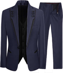 Shawl Lapel Three Pieces Close Fitting Navy Blue Prom Suits