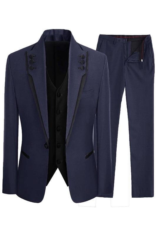 Shawl Lapel Three Pieces Close Fitting Navy Blue Prom Suits