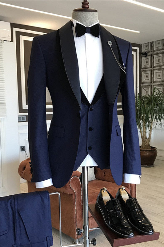 Shawl Lapel Three Pieces Fancy Navy Blue Wedding Suits