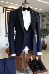Shawl Lapel Three Pieces Fancy Navy Blue Wedding Suits