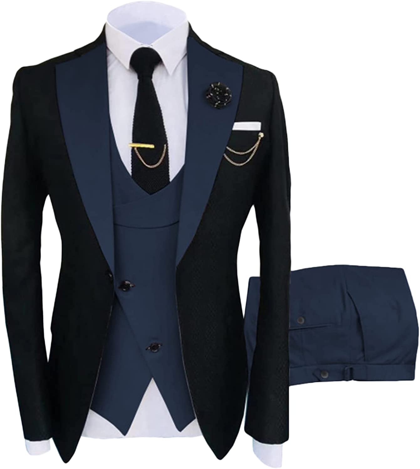 Shawl Lapel Three Pieces Formal Navy Blue Prom Suits
