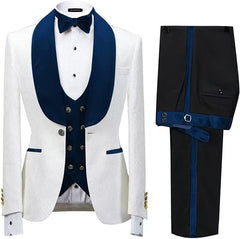 Shawl Lapel Three Pieces Jacquard Navy Blue Wedding Suits