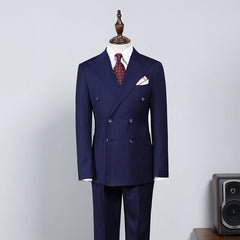 Navy Blue Striped Double Breasted Slim Fit Custom Business Suit