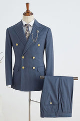 Navy Blue Striped Double Breasted Slim Fit Tailored Business Suit