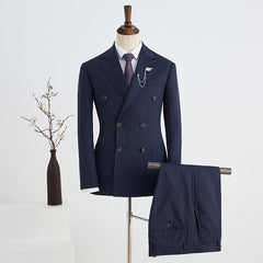 Navy Blue Striped Notched Lapel Double Breasted Tailored Business Suit