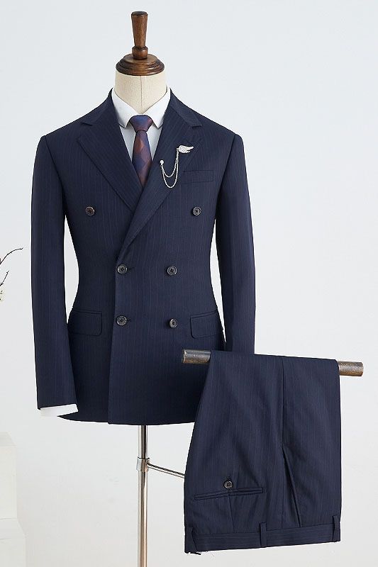 Navy Blue Striped Notched Lapel Double Breasted Tailored Business Suit