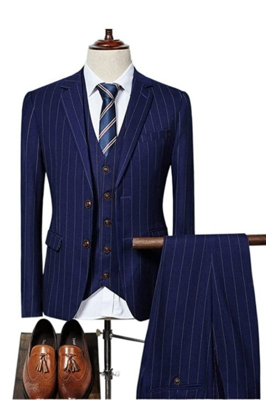 Navy Blue Striped Three Pieces Business Men Suits