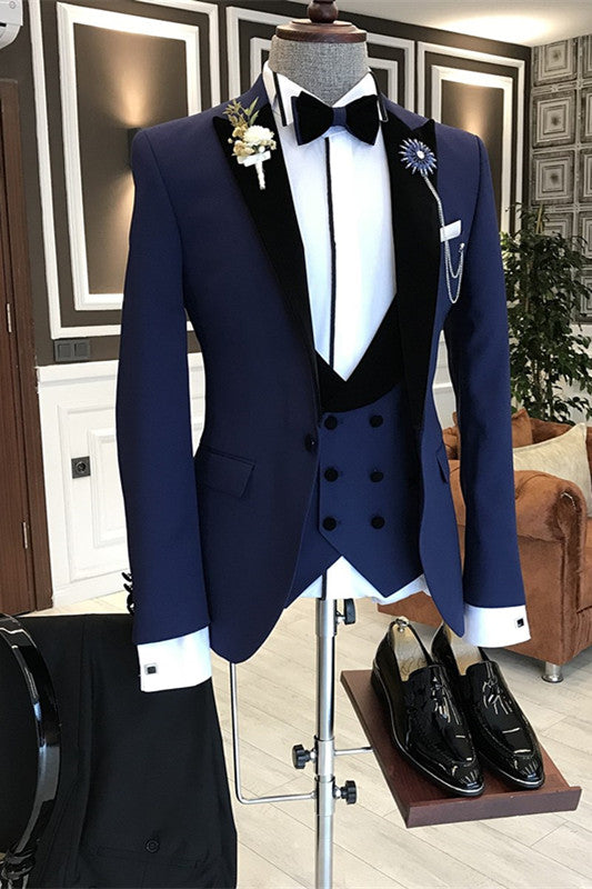 Three Pieces Bespoke Navy Blue Wedding Suits With Black Peaked Lapel
